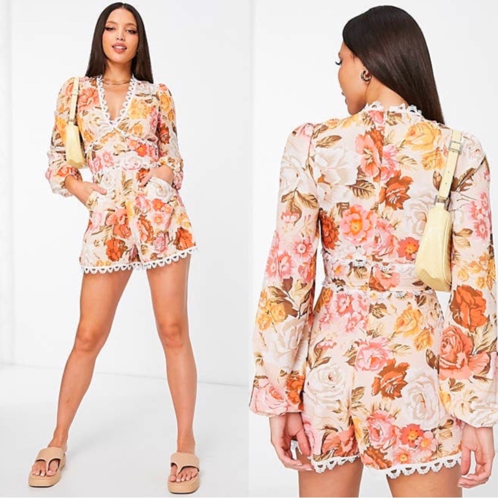 Floral Long Sleeve Romper with Lace Trim